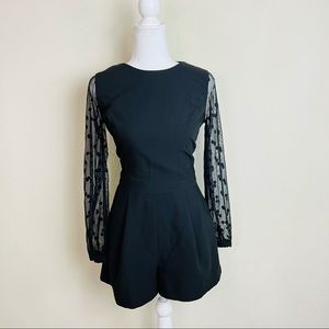 Forever 21 Black Structured Cinched Waist Polka Dot Mesh Long Sleeve Romper